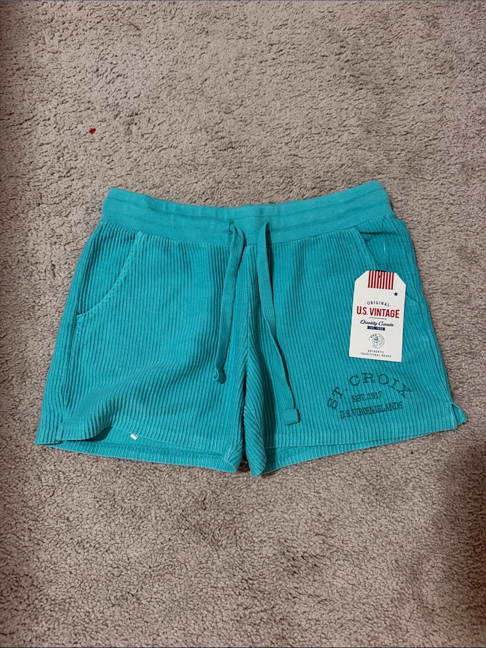 Vintage Teal Ribbed Drawstring Athletic Shorts